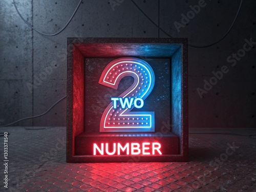 Wallpaper Mural A neon number "2" in red and white is displayed inside a square frame with the words "NUMBER TWO" in blue neon letters below, set against a concrete-like background Torontodigital.ca