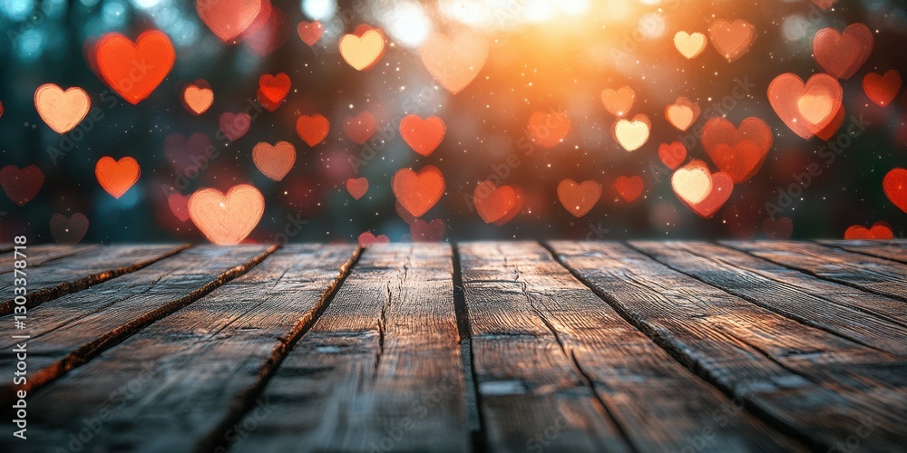 Romantic heart-shaped bokeh lights illuminate a wooden table at sunset in a serene outdoor setting Romantic heart-shaped bokeh lights illuminate a wooden table at sunset in a serene outdoor setting