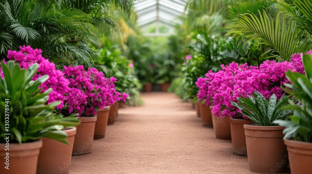 Fototapeta premium Bougainvillea Flowers in Pots Lining Garden Path Inside Greenhouse with Natural Light Ambience