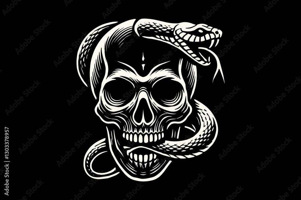 skull head and snake Dark art black and white illustration