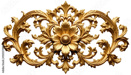 A sophisticated golden decorative element with floral motifs and a glossy finish, representing luxury and sophistication, cut out and isolated on a transparent background.

