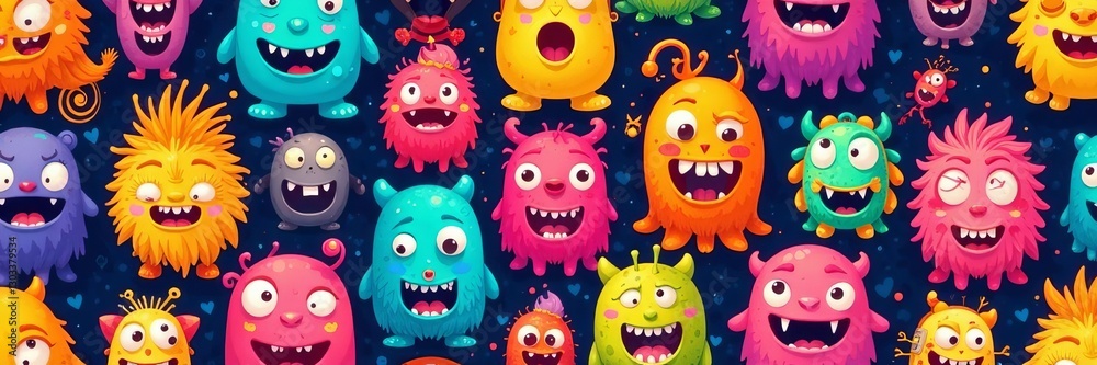 Colorful seamless pattern with cute and quirky monster characters on a vibrant background, seamless, colorful Colorful seamless pattern with cute and quirky monster characters on a vibrant background, seamless, colorful