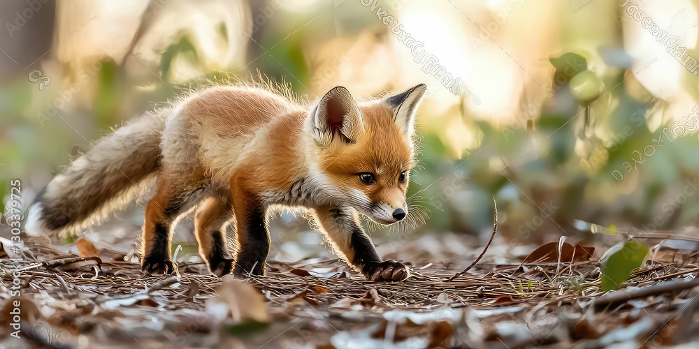 Fototapeta premium Tiny red fox kit exploring the forest for the first time