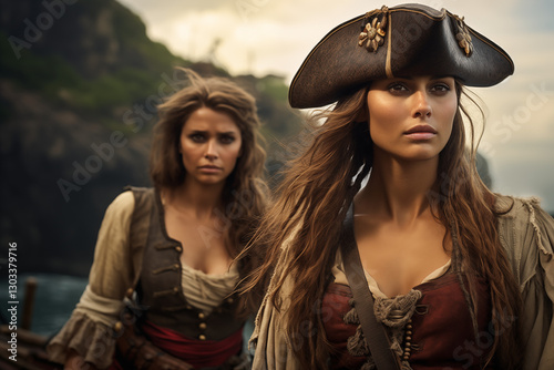 Female Pirate Captain. Women pirate. Sailing the High Seas, Seeking Adventure, Gold, and Glory on a Pirate Ship in a Mysterious Ocean World. History book.