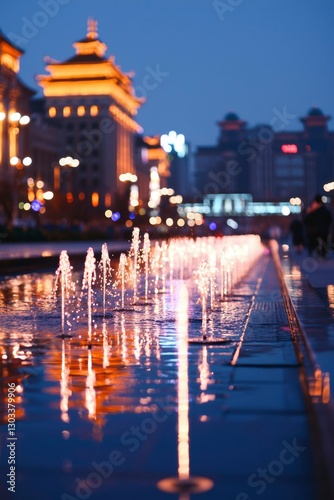 City fountain at night reflects warm building lights in the background. Stock photo