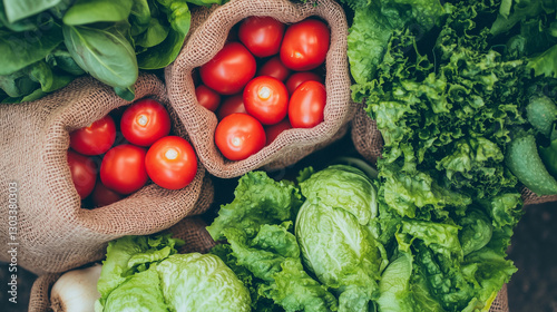 Sustainable Grocery Shopping with Fresh Vegetables in Reusable Burlap Bags