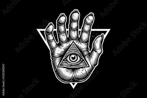 Dark art illuminati eye on hand black and white illustration