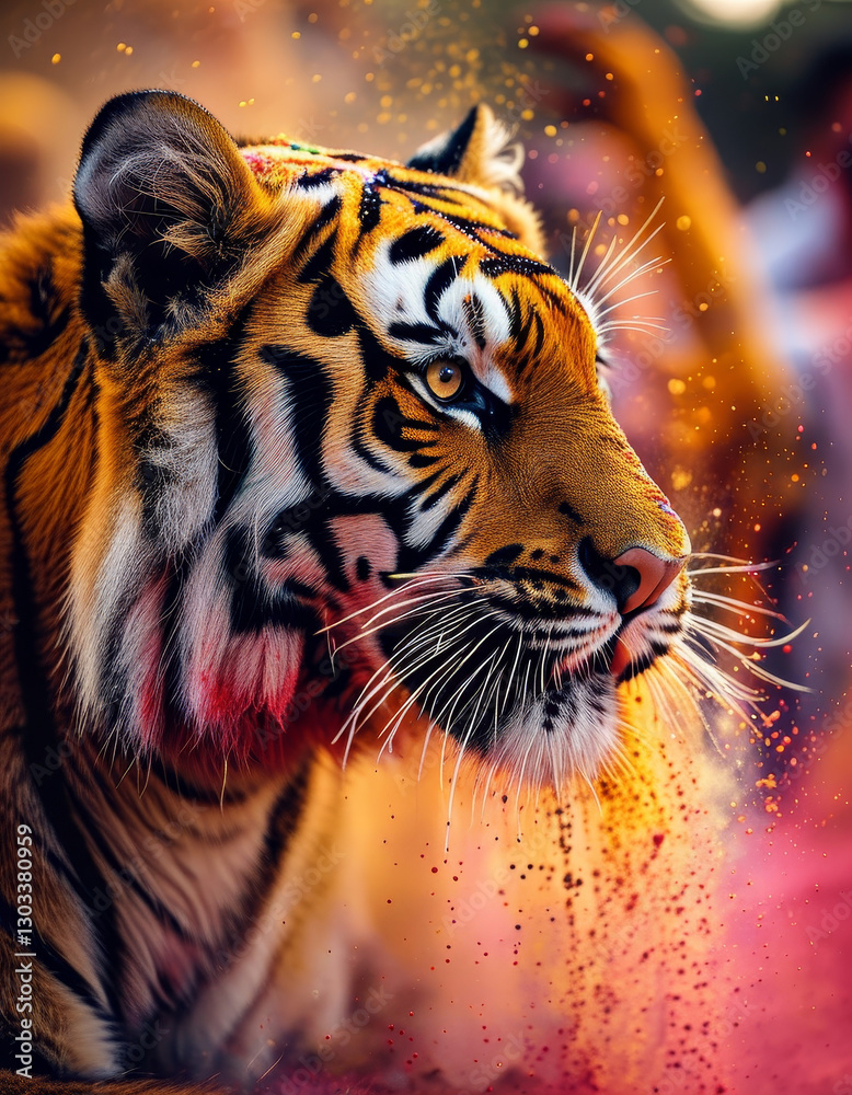 Obraz premium Holi Festival of Colours Animal Concept, Holi festival tiger, colourful powder explosion, Holi festival flowers, cinematic lighting, Indian Hinduism festival, vibrant Holi festive colours