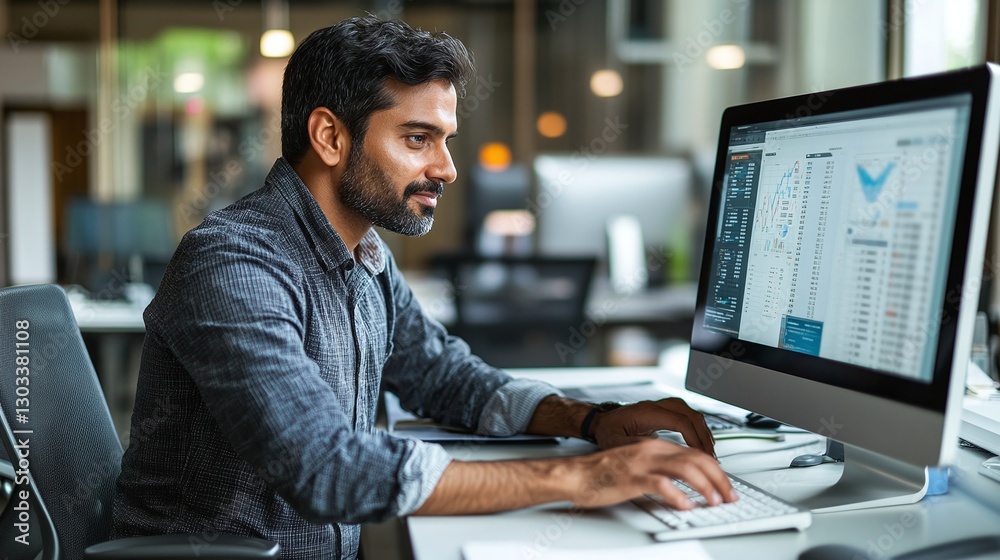 Indian financial professional working on computer in corporate office handling bookkeeping trading and business finance operations in modern economic workspace Indian financial professional working on computer in corporate office handling bookkeeping trading and business finance operations in modern economic workspace