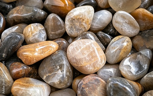 Beautiful assortment of polished stones in various colors and shapes, displayed for sale at a local market