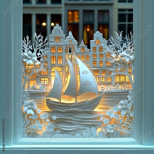 Illuminated paper-cut Dutch town scene