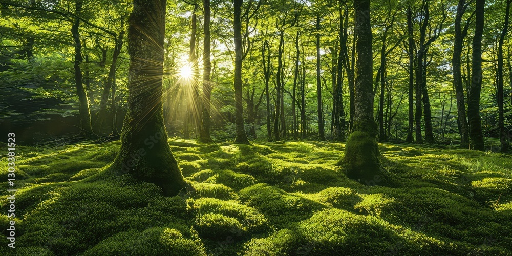 Obraz premium Verdant trees and mossy floor illuminated by streams of golden sunlight