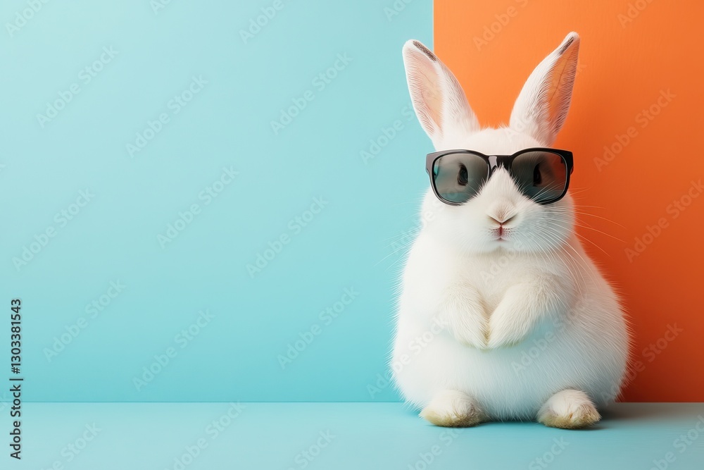 Obraz premium Cute white Easter bunny wearing sunglasses on colorful background. AI generated image