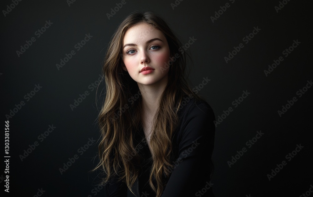 Young woman with long hair poses gracefully against a dark background in a stylish outfit Young woman with long hair poses gracefully against a dark background in a stylish outfit
