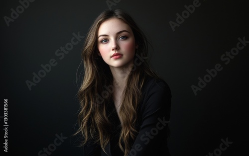 Young woman with long hair poses gracefully against a dark background in a stylish outfit