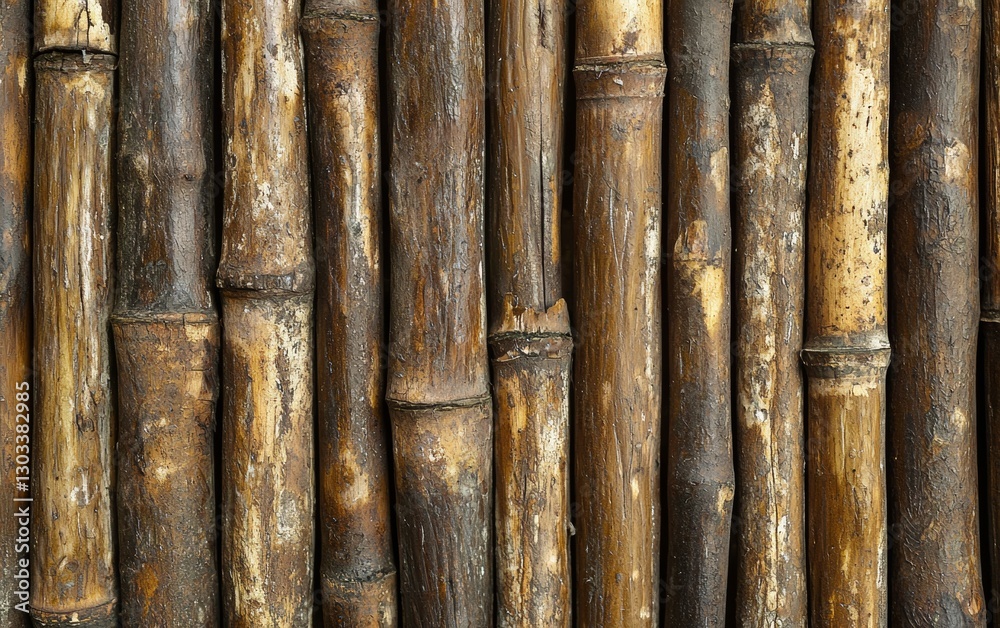Natural bamboo wall featuring varied textures and colors created by age and weathering Natural bamboo wall featuring varied textures and colors created by age and weathering