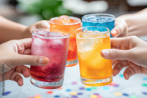 Friends toast with colorful drinks at a vibrant gathering during a sunny afternoon
