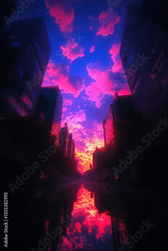 Sunset city reflection Urban glow, street view, buildings, background texture