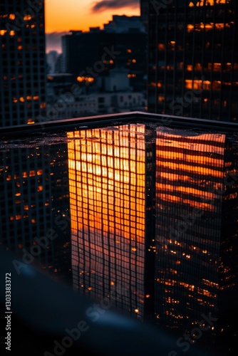 City skyscraper reflected on water at sunset, illuminating urban evening scene