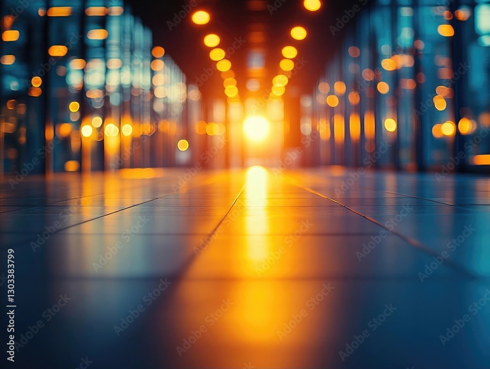 Serene corridor illuminated by sunset, reflecting warm tones on polished floor, creating a tranquil atmosphere Serene corridor illuminated by sunset, reflecting warm tones on polished floor, creating a tranquil atmosphere