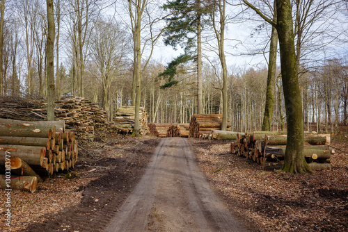Freshly cut timber logs are stacked along a dirt road through a bare winter forest.