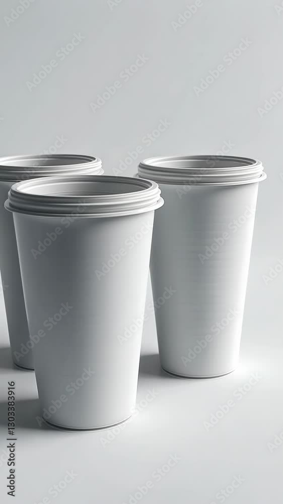 White disposable cups arranged neatly on a light gray surface in a minimalist setting for serving beverages White disposable cups arranged neatly on a light gray surface in a minimalist setting for serving beverages