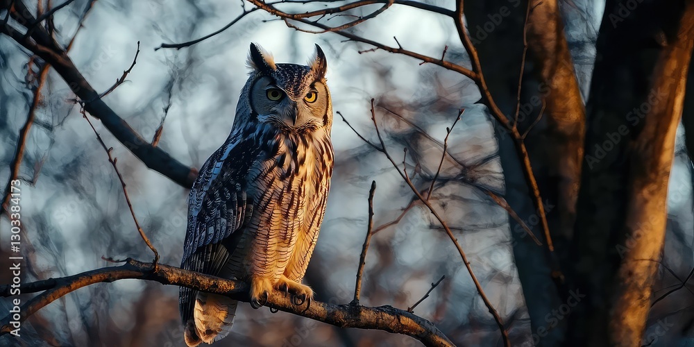 Wise old owl sitting on a tree branch at dusk Wise old owl sitting on a tree branch at dusk