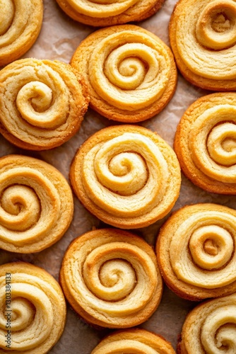 Top view of spiral cookies lined on paper, for use in baking or recipe blog