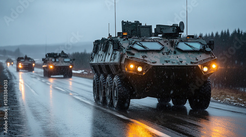 Back view armoured personnel carrier stryker with air defense system trailer hauler carrier truck drive military convoy highway road. US troops moving reloceation force reinforcement eastern Europe