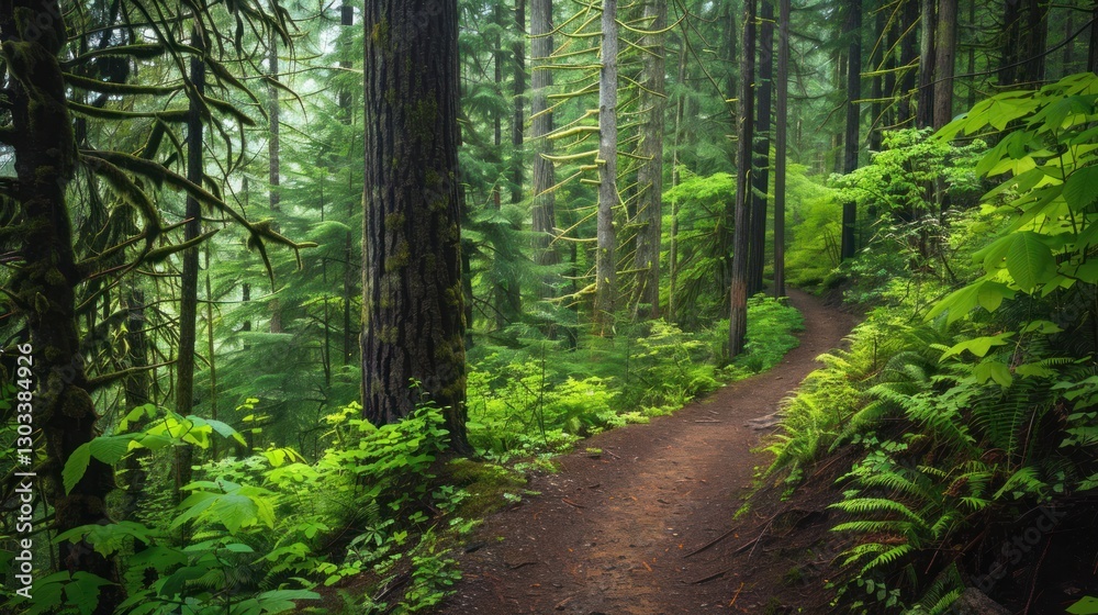 Serene Forest Path: A Tranquil Hiking Trail Through Lush Evergreen Woods Serene Forest Path: A Tranquil Hiking Trail Through Lush Evergreen Woods