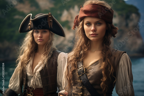 Female Pirate Captain. Women pirate. Sailing the High Seas, Seeking Adventure, Gold, and Glory on a Pirate Ship in a Mysterious Ocean World. History book.
