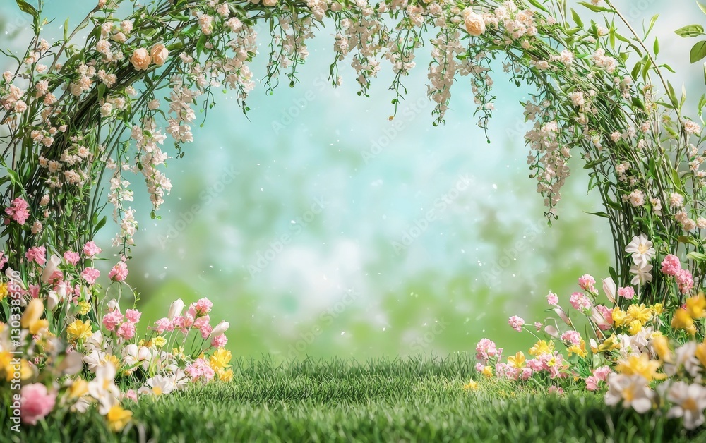 Fototapeta premium Beautiful floral archway adorned with colorful flowers in a vibrant garden setting during springtime