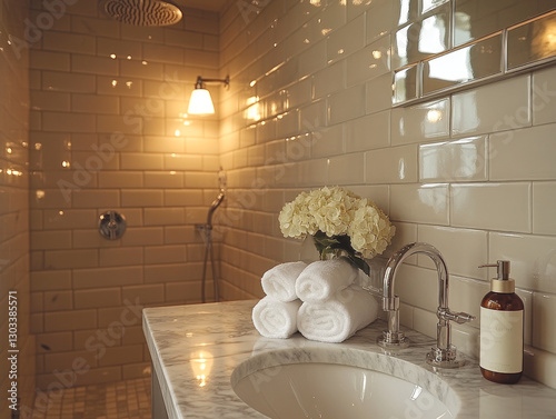 Luxury Bathroom with Warm Lighting and Marble Sink  
