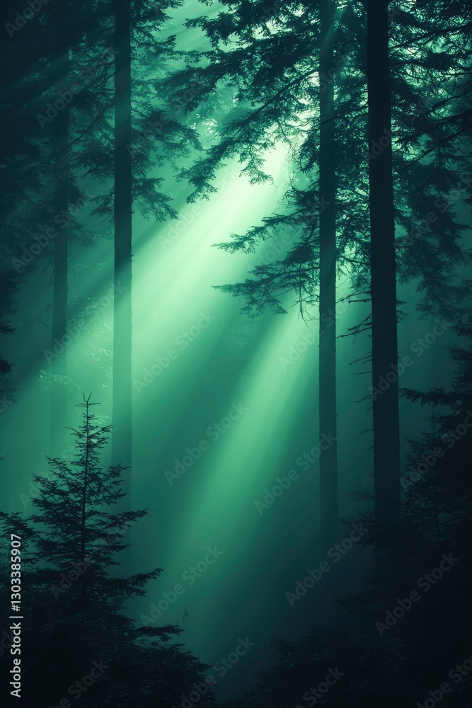 Obraz premium Sun rays through fog in a forest with spruce, for meditation, nature background