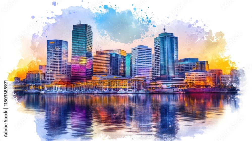 Obraz premium Vibrant Cityscape at Sunset: A Watercolor Impression of Waterfront