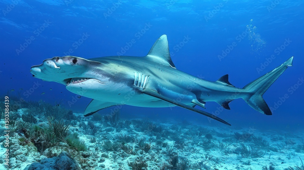 Majestic Great Hammerhead Shark Underwater in Ocean Majestic Great Hammerhead Shark Underwater in Ocean