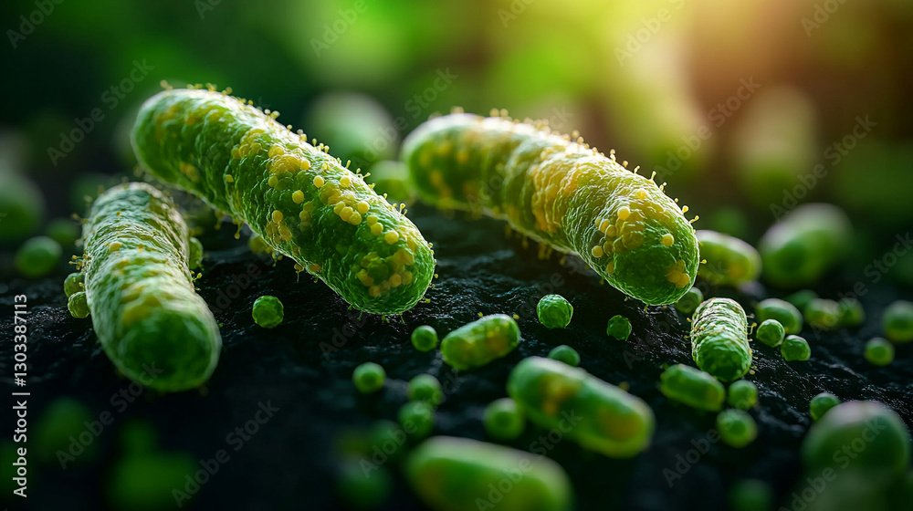 Fototapeta premium Microscopic view of probiotics bacteria in human stomach highlighting escherichia coli and other microbes essential for digestion gut health immune system microbiology and medical research