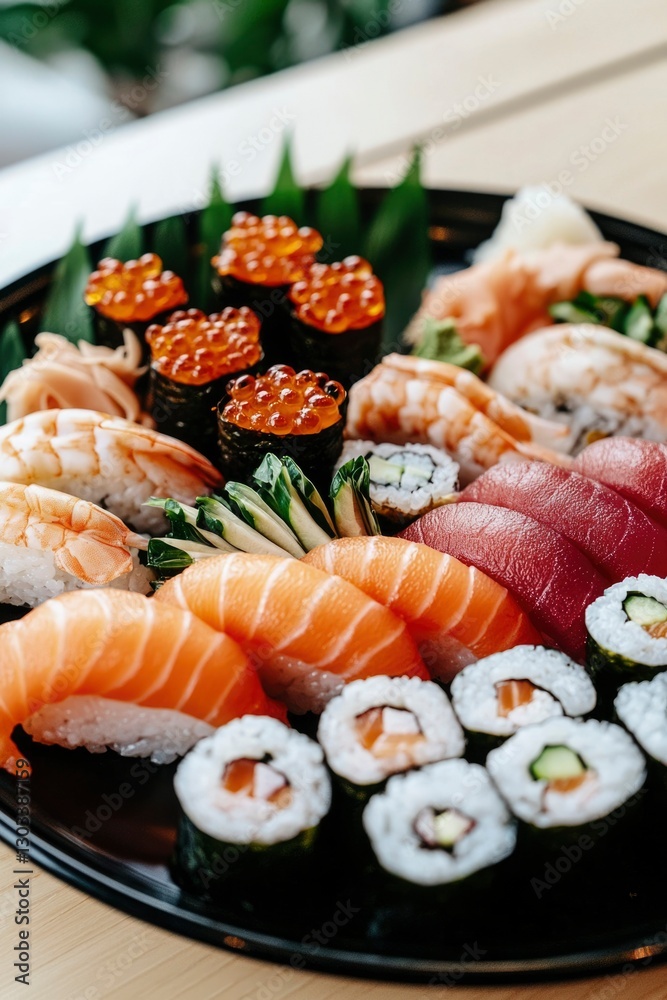 Assorted Sushi Platter Fresh seafood, rice, and nori ready to eat. Background plants Assorted Sushi Platter Fresh seafood, rice, and nori ready to eat. Background plants