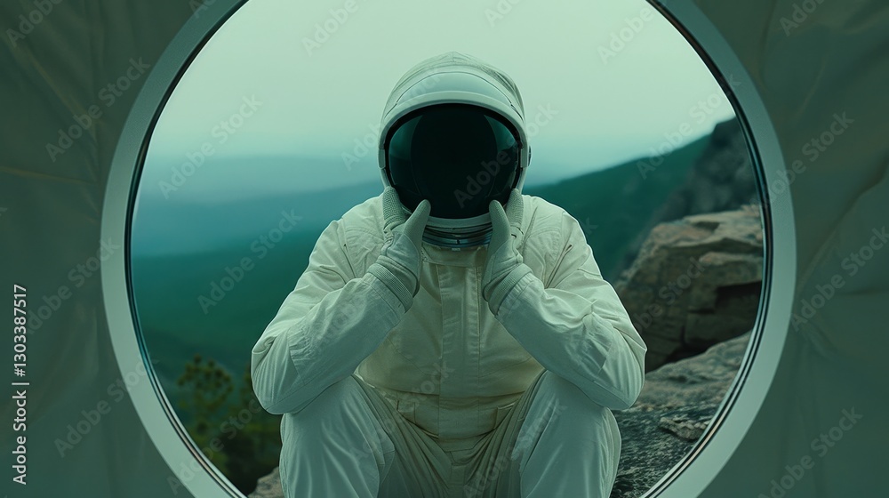 Obraz premium Astronaut gazes out from space station window during a thrilling sci fi adventure in outer space