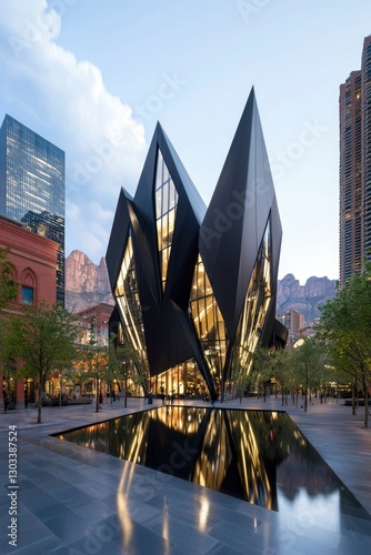 Modern building architecture reflecting in water plaza, downtown cityscape at dusk