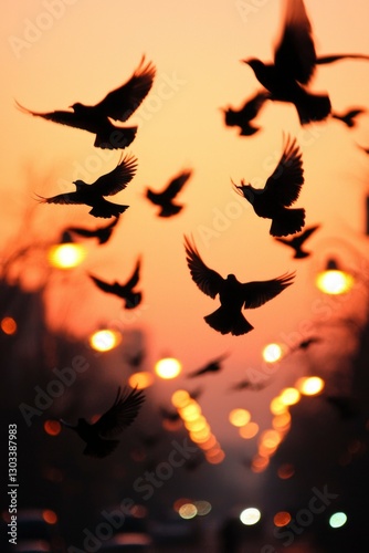 Birds Flying over a City Street at Dusk; potential nature stock or travel photography