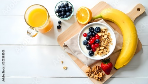 Fotografía cenital de un desayuno sobre una superficie de madera blanca, con una variedad de alimentos saludables photo