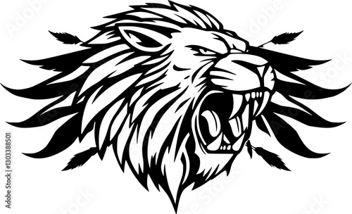 Roaring lion head vector illustration in tribal tattoo style with bold lines. photo