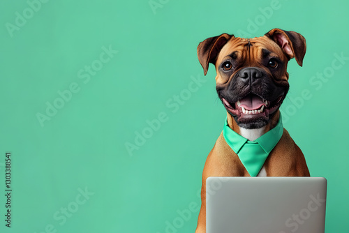 banner with a cheerful Boxer wearing a green necktie, sitting in front of a laptop