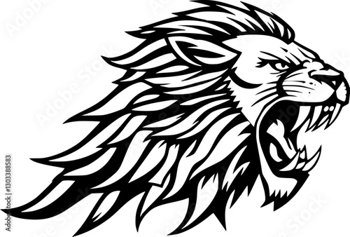 Roaring lion head vector illustration in tribal tattoo style with bold lines.