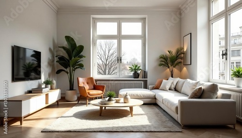Wallpaper Mural Stylish parisian living room with minimalist furnishings and large windows, Furnishings, Minimalist Torontodigital.ca