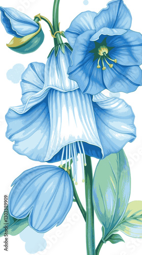 Blue bellflower in watercolor style delicate and elegant floral illustration.