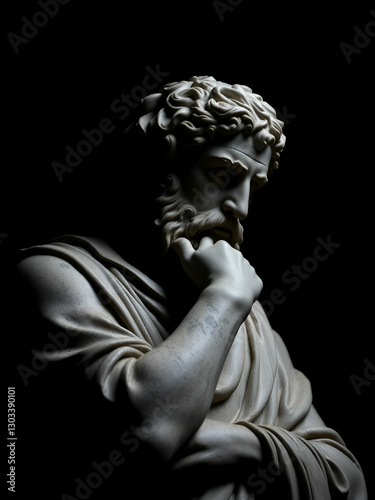 Statue of an ancient stoic philosopher thinking in the darkness. Black background.