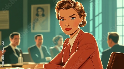 confident senior executive woman seated in boardroom with team discussing business growth showing mature leadership success and corporate power in office environment