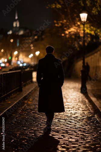 Man walking along a river bank at night with historic architecture in the background